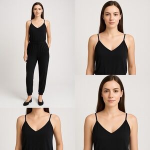 Veronica M Black Jogger Jumpsuit V Neck Spaghetti Strap Elastic‎ Waist Women M
